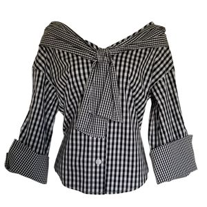 WHY Dress Top Blouse Black White plaid, tie,  pussybow,  excellent M